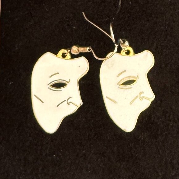 1990 Phantom of the Opera Mask White Enamel Dangle Earrings by Albert Elovitz - Picture 3 of 8